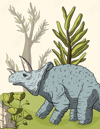 Dinosaur triceratops in its habitat.