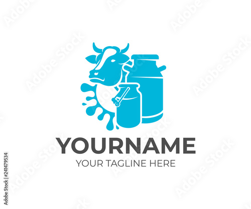 Cow, milk cans and splash milk, logo design. Dairy farm, milk farm, cattle breeding and stock raising, vector design and illustration