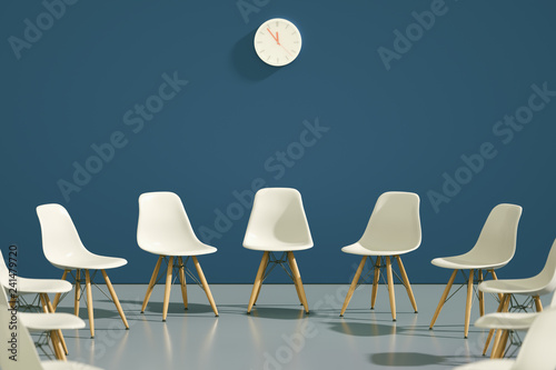 circle of modern design chairs with one odd one out. Job opportunity. Business leadership. recruitment concept. 3D rendering