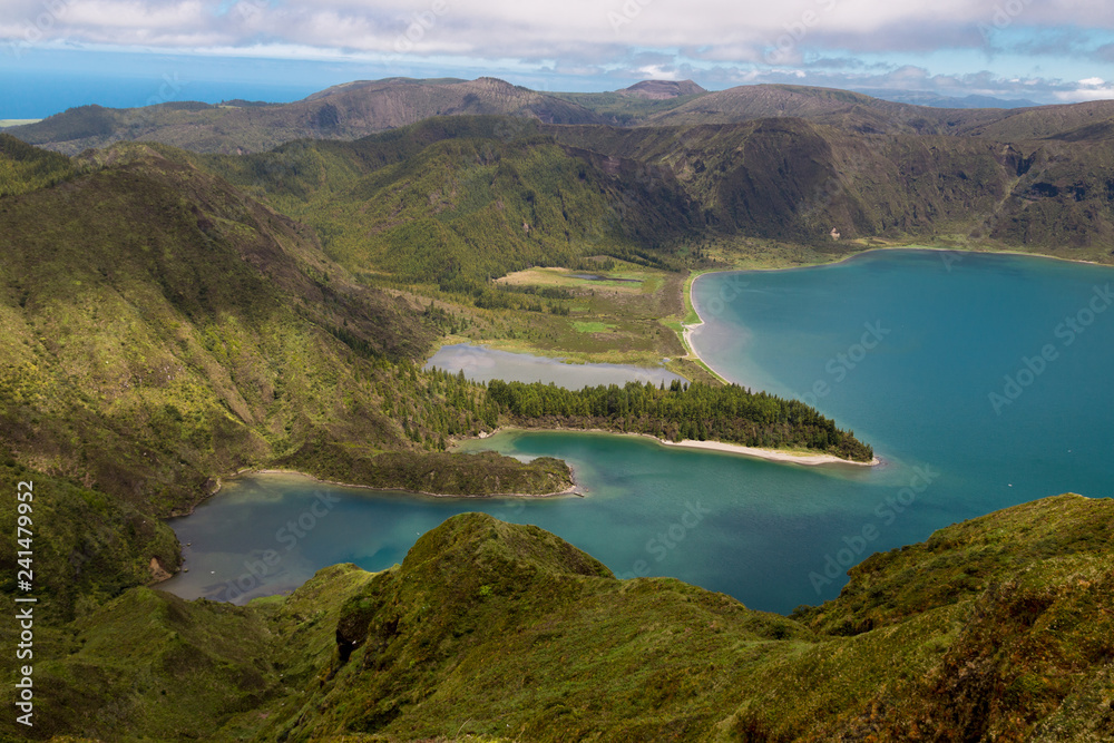 View of Lagoa do Fogo in Sao Miguel, Azores, Portugal, on a clear, sunny day.