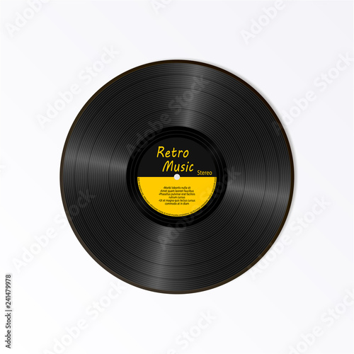 Realistic Black Vinyl Record. Retro Sound Carrier. New gramophone yellow label LP record with text. Musical long play album disc 78 rpm. old technology isolated on white background