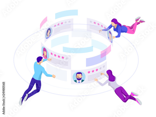 Isometric concept of recruitment management. Employment, social presentation for recruiting. Application for employee hiring. Search for new employees. Career growth. Success in business and work