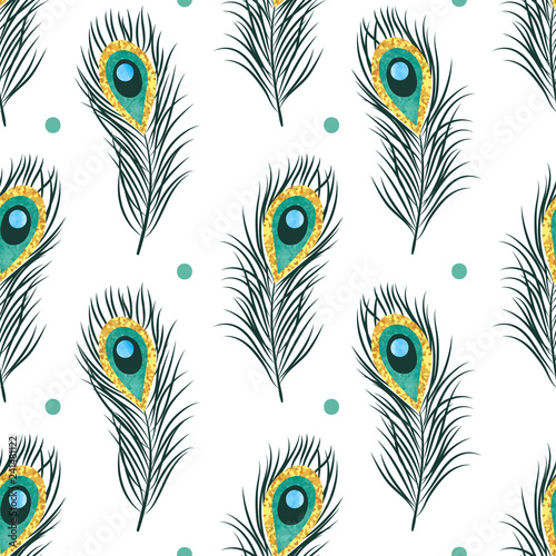 Seamless peacock feathers pattern. Vector background.