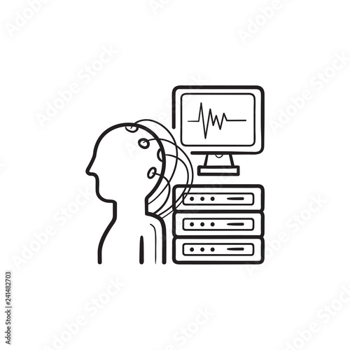Brain analysis hand drawn outline doodle icon. Electroencephalography, brain signal diagnosis concept. Vector sketch illustration for print, web, mobile and infographics on white background.