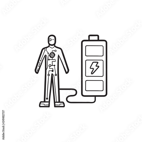 Android charges from battery hand drawn outline doodle icon. Advance cybernetic, human power technology concept. Vector sketch illustration for print, web, mobile and infographics on white background.