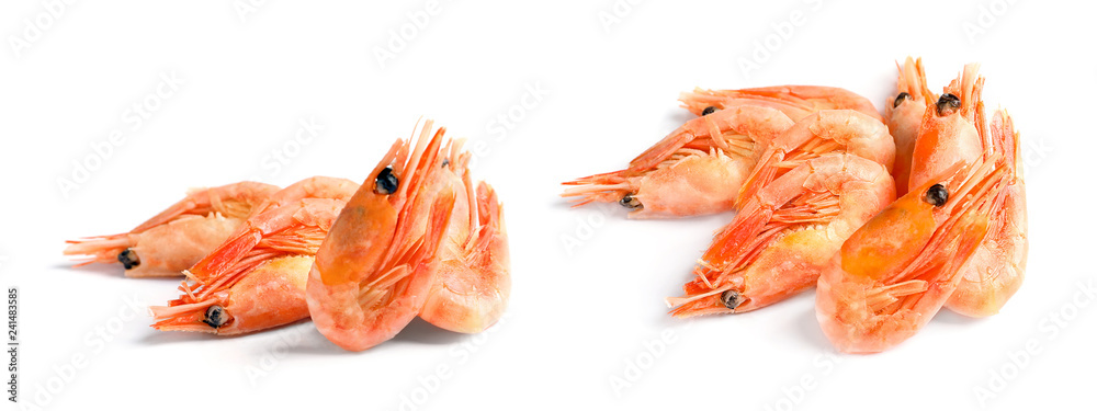 Set of fresh shrimps on white background