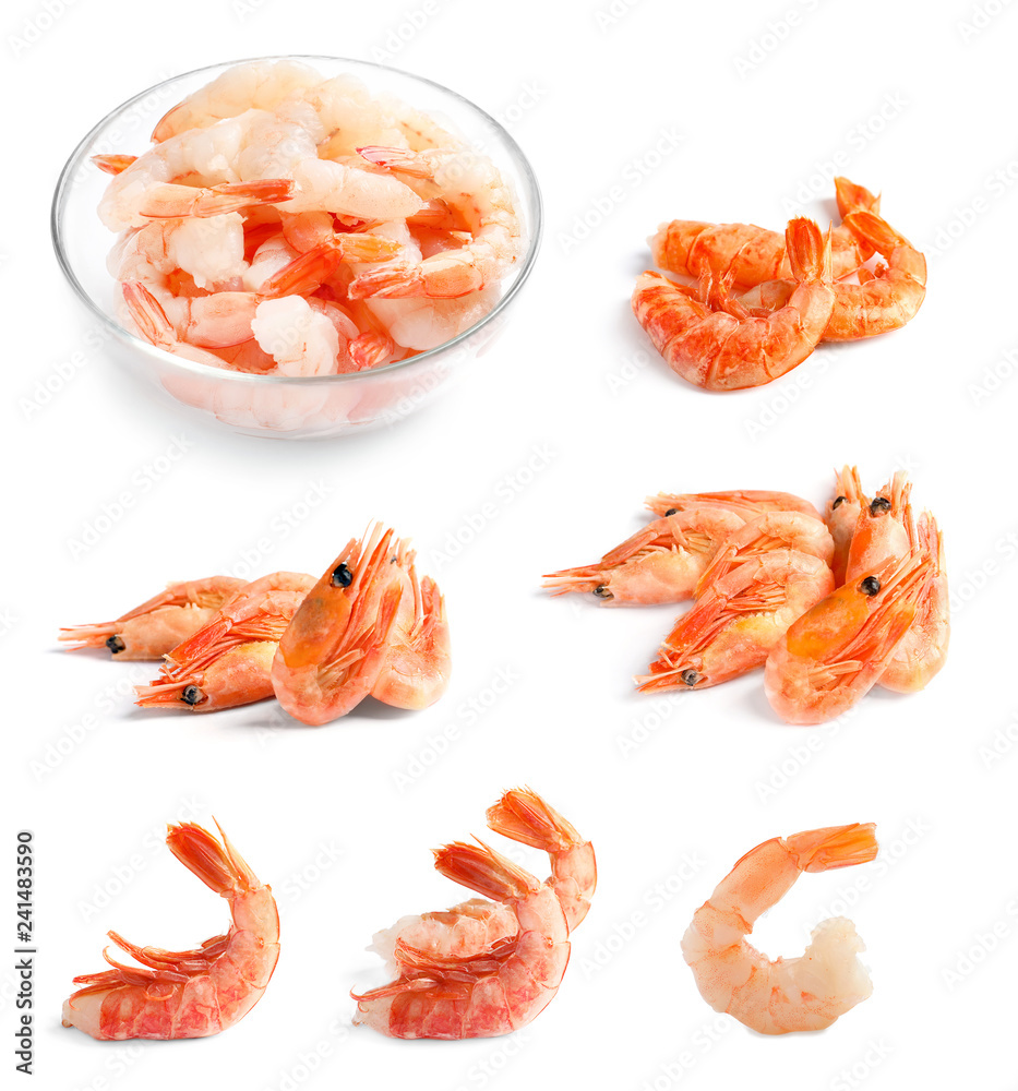 Set of fresh shrimps on white background Set of fresh shrimps on white background