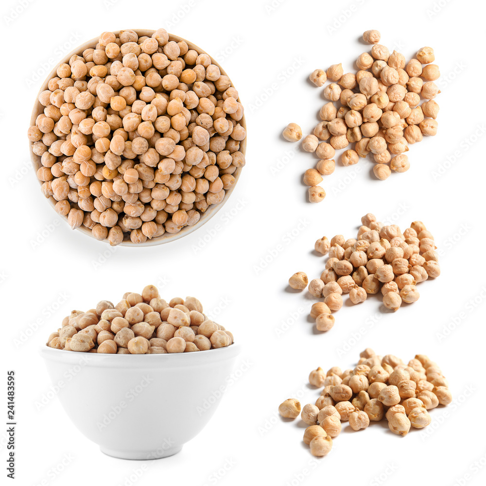Set with chickpeas on white background. Natural protein food Set with chickpeas on white background. Natural protein food