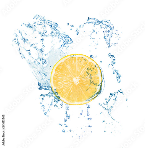 Cut fresh lemon and splashing water on white background