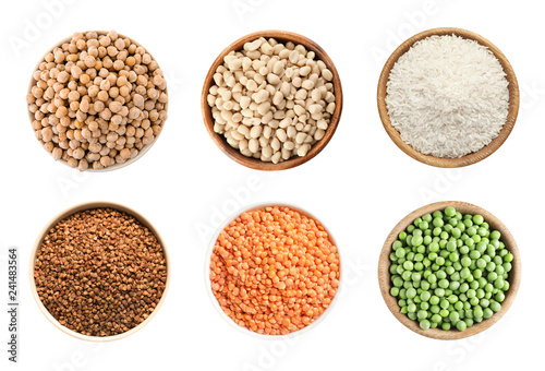 Set with different natural protein food on white background, top view