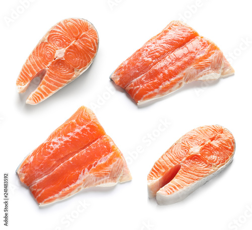 Set with fresh fish on white background. Natural protein food
