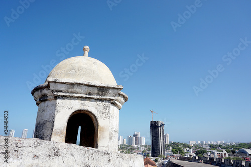 Amazing view of the castle "San Felipe", and old defense building in the old town of Cartagena with canyons and towers. 