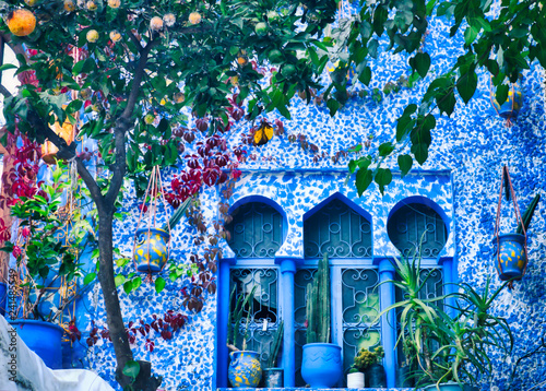 Arab style windows decorated with pots and a tangerine tree. Image taken in Chefchaouen, a beautiful village in northern Morocco © juanorihuela