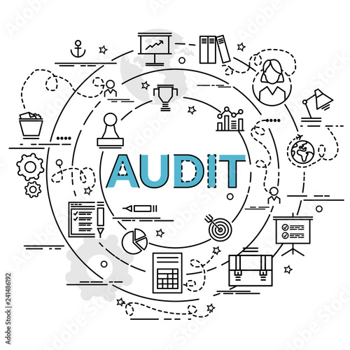 Flat colorful design concept for Audit. Infographic idea of making creative products. Template for website banner, flyer and poster..