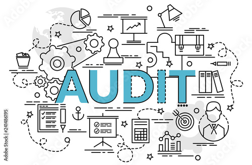 Flat colorful design concept for Audit. Infographic idea of making creative products. Template for website banner, flyer and poster..
