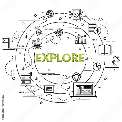 Flat colorful design concept for Explore. Infographic idea of making creative products. Template for website banner, flyer and poster..