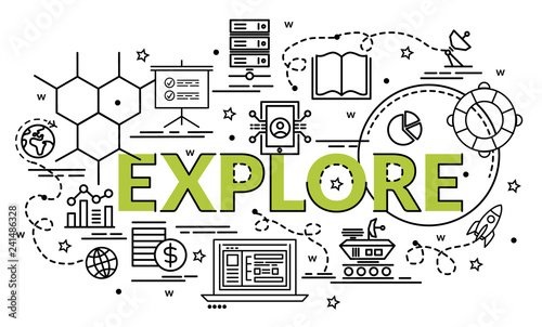Flat colorful design concept for Explore. Infographic idea of making creative products. Template for website banner, flyer and poster..