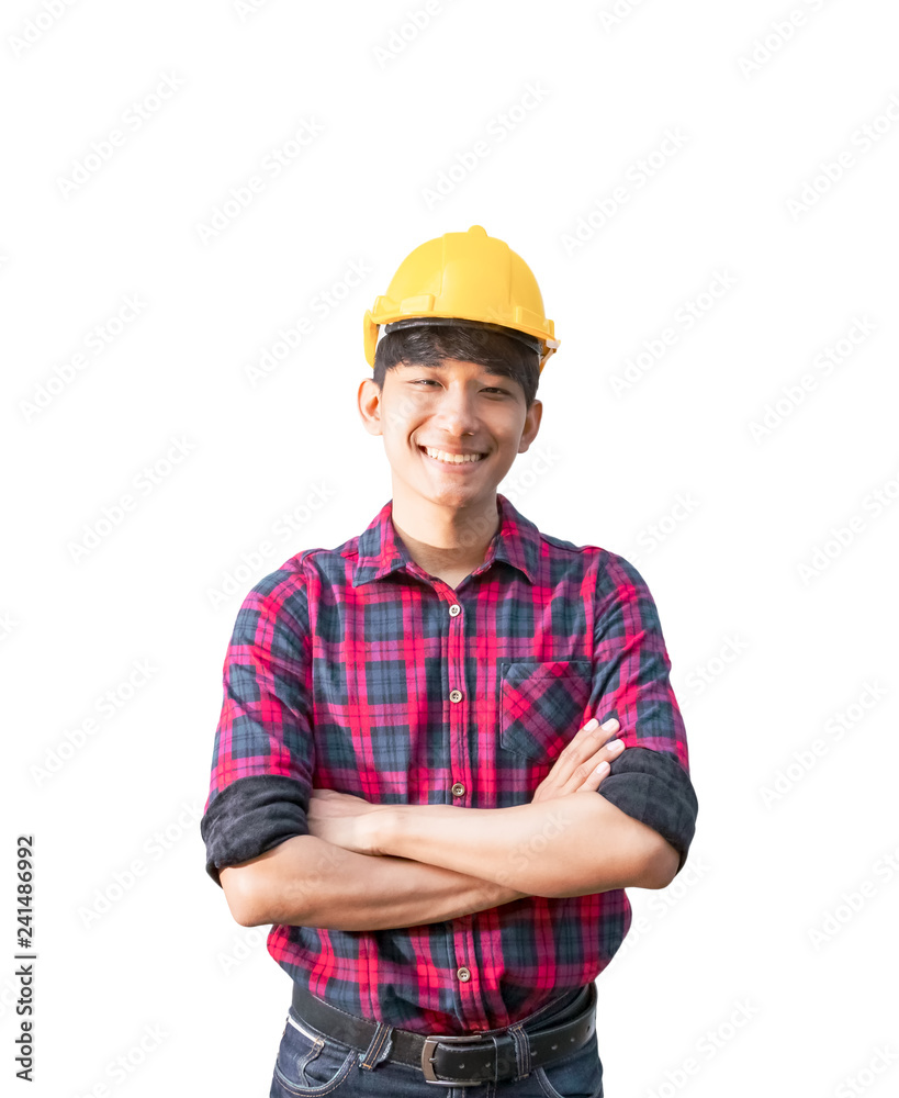 Engineer smile construction arm cross on chest and wear yellow safety helmet plastic on white background Engineer smile construction arm cross on chest and wear yellow safety helmet plastic on white background