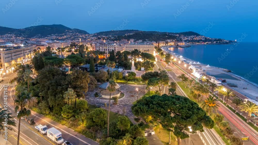 Evening aerial panorama of Nice day to night timelapse, France. Lighted Old Town little streets and waterfront after sunset Evening aerial panorama of Nice day to night timelapse, France. Lighted Old Town little streets and waterfront after sunset