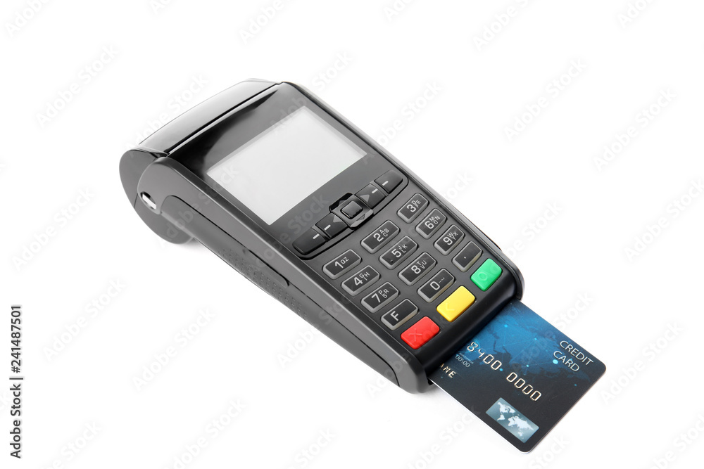 Modern payment terminal with credit card on white background Modern payment terminal with credit card on white background