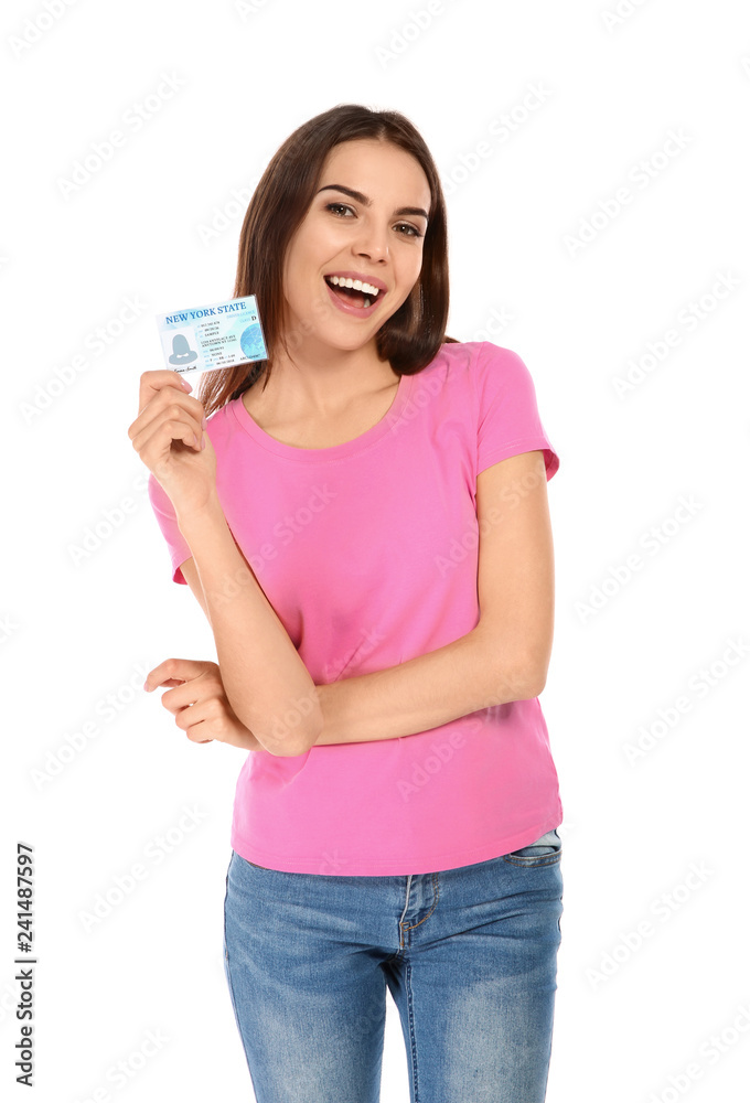 Happy young woman with driving license on white background Happy young woman with driving license on white background
