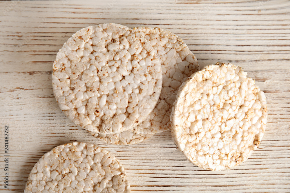 Crunchy rice cakes on wooden background, top view Crunchy rice cakes on wooden background, top view
