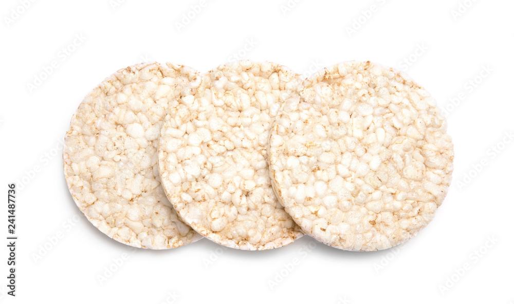 Crunchy rice cakes on white background, top view Crunchy rice cakes on white background, top view