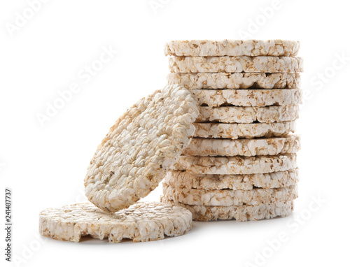 Crunchy rice cakes on white background. Healthy snack