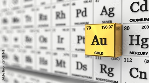 periodic table concept with white cubes. gold element selected, 3d illustration