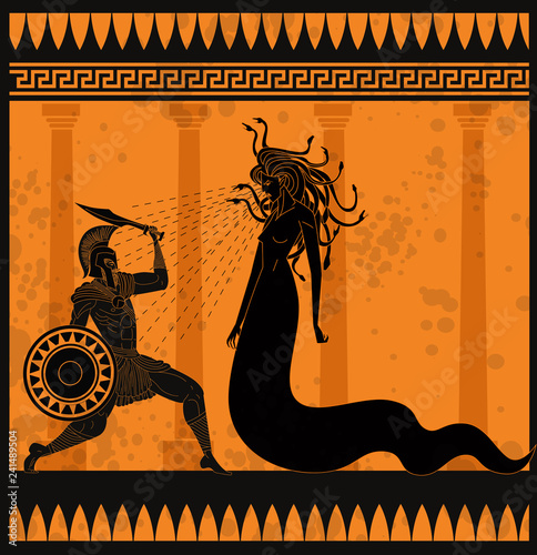 orange and black pottery painting of perseus fighting the medusa photo