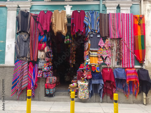 Background of store front fabrics. Ethnic market.