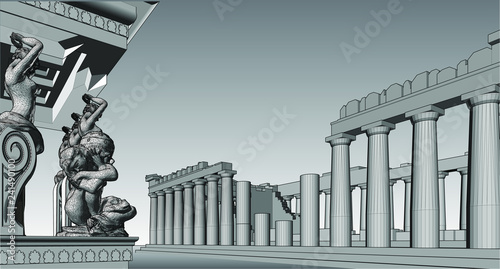 Parthenon and Erechtheum at Acropolis in Athens, Greece. One of the Erechtheum Caryatids has fallen
