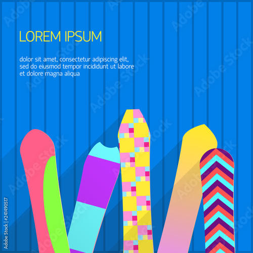Set of snowboards Vector illustration Several different colourful snowboards are standing at a blue wall Poster template with copy space