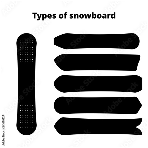 Set of snowboards Vector illustration Different types of snowboards isolated on a white background Design template in black silhouette
