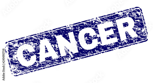 CANCER stamp seal print with grunge texture. Seal shape is a rounded rectangle with frame. Blue vector rubber print of CANCER caption with unclean texture.