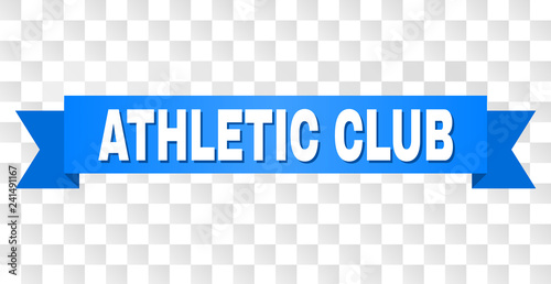 ATHLETIC CLUB text on a ribbon. Designed with white caption and blue stripe. Vector banner with ATHLETIC CLUB tag on a transparent background.