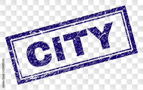 CITY stamp seal print with rubber print style and double framed rectangle shape. Stamp is placed on a transparent background. Blue vector rubber print of CITY label with dust texture.