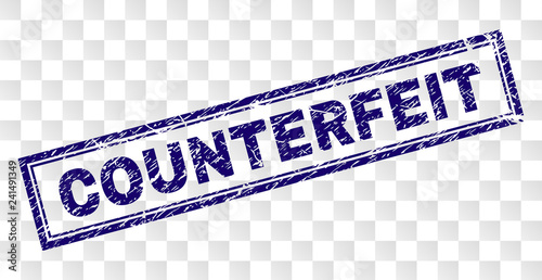COUNTERFEIT stamp seal print with rubber print style and double framed rectangle shape. Stamp is placed on a transparent background.