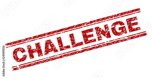 CHALLENGE seal print with corroded texture. Red vector rubber print of CHALLENGE title with unclean texture. Text title is placed between double parallel lines.