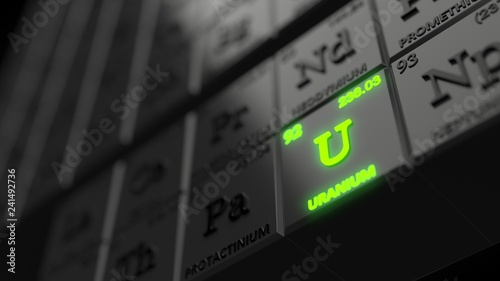 periodic table concept with black cubes. uranium element is glowing. 3d illustration