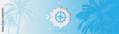 Time to Travel. Banner with vintage compass and silhouettes of tropical palm trees on a blue background for tourism.