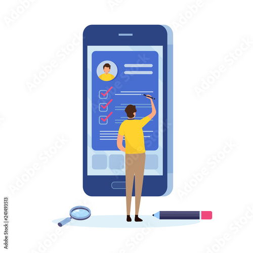 People fill out a form via mobile application. Online application. Cartoon miniature  illustration vector graphic on white background. Web banner. 