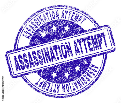 ASSASSINATION ATTEMPT stamp seal imprint with grunge texture. Designed with rounded rectangles and circles. Blue vector rubber print of ASSASSINATION ATTEMPT label with scratched texture.