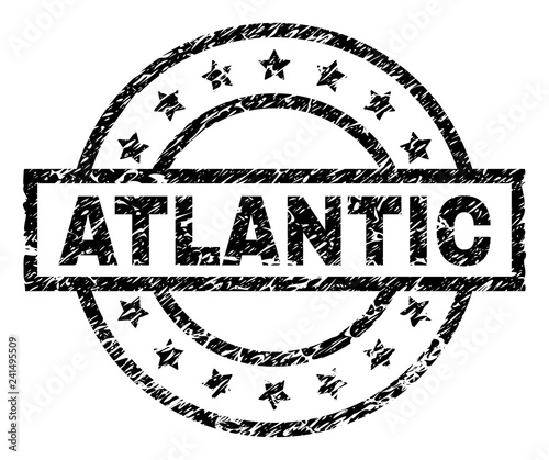 ATLANTIC stamp seal watermark with distress style. Designed with rectangle, circles and stars. Black vector rubber print of ATLANTIC title with unclean texture.