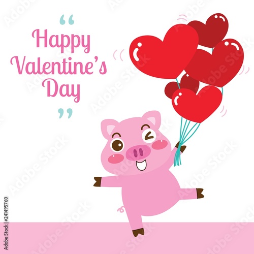 Valentine's Day greeting card with cute pig Holding a red heart balloon. 