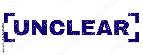 UNCLEAR tag seal print with corroded style. Text tag is placed inside corners. Blue vector rubber print of UNCLEAR with corroded texture.