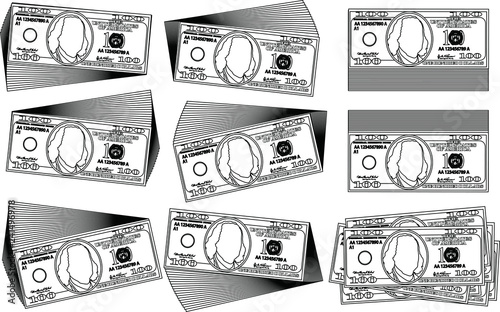 Bunch of 100 US dollar banknote outline set