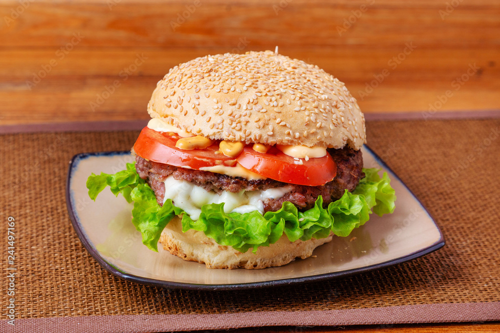 Sandwich, hamburger, with cheese, meat, sausage, lettuce, tomato, burger Sandwich, hamburger, with cheese, meat, sausage, lettuce, tomato, burger
