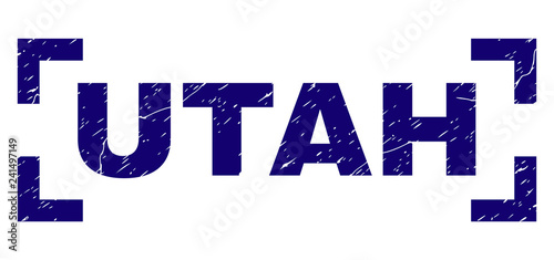 UTAH caption seal print with corroded texture. Text caption is placed inside corners. Blue vector rubber print of UTAH with scratched texture.