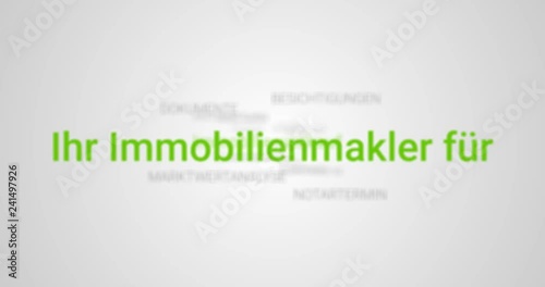 Intro welches die Leistungen eines Immobilienmaklers zeigt. Grauer Hintergrund, grüne Schrift